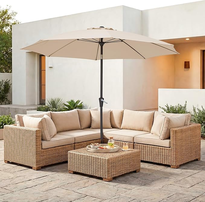 JEAREY 9FT Outdoor Patio Umbrella,Market Table Umbrella with 8 Fiberglass Ribs, Pool Umbrella with Tilt and Crank, UV Protection Lightweight & Wind-Resistant for Lawn, Garden, Deck and Backyard, Beige