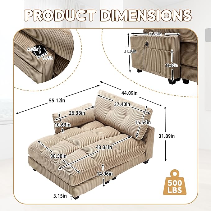 Oversized Lounge Chaise Convertible Sleeper Sofabed, Corduroy Sleeper Daybed Indoor Recliner Chair Sofa Bed with Cupholders and Adjustable Headrests for Living Room Bedroom Reading Home Apartment
