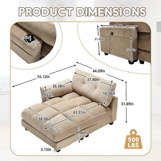 Oversized Lounge Chaise Convertible Sleeper Sofabed, Corduroy Sleeper Daybed Indoor Recliner Chair Sofa Bed with Cupholders and Adjustable Headrests for Living Room Bedroom Reading Home Apartment
