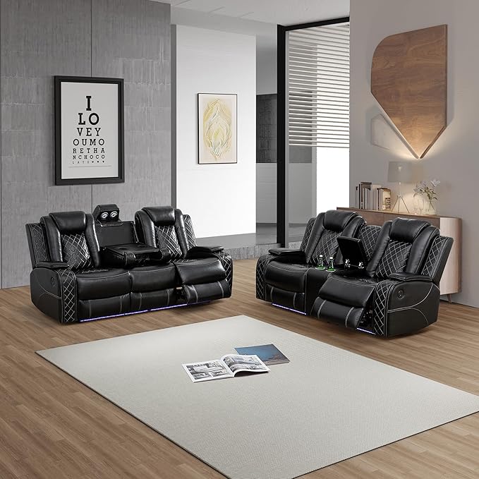 Breathing Leather Power Recliner Sofa Set, 2 Piece Leather Couch and Loveseat Set, Living Room Furniture Set with Storage Console/LED Lighting (Black, Sofa+Loveseat)