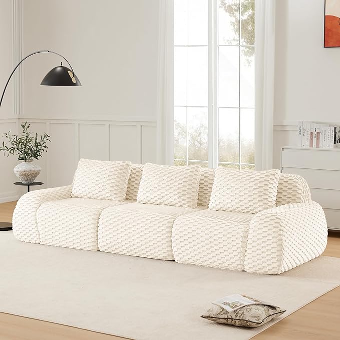 KEIKI 114" Oversized 3-Seater Boneless Couches for Living Room, Space Friendly Modular Sectional Velvet Sofa, Deep Seat Soft Lounge Couch No Assembly for Apartment Setup, Modern Comfort Design, Cream