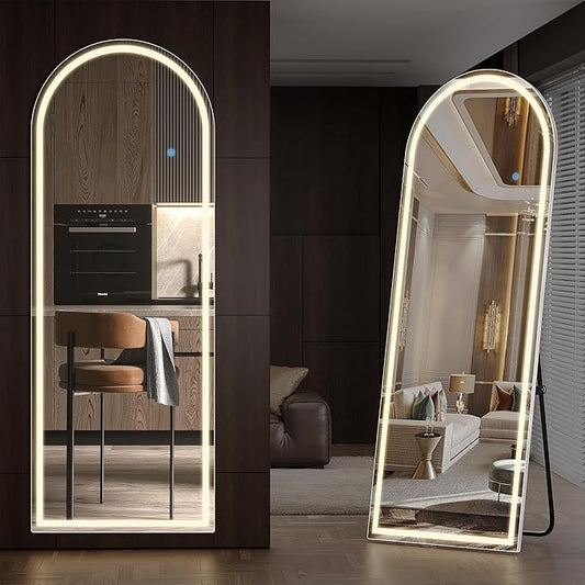 Alpen Arched Full Length Mirror with LED Lights, 60"x16" Floor Length Mirror with Stand, Body Floor Mirrors with Dimming & 3 Color Lighting, LED Mirrors for Bedroom, Dressing Room, Cloakroom