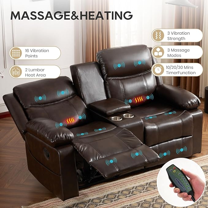 Recliner Sofa, Reclining Loveseat Sofa with Massage & Heat, Reclining Couch with Side Pockets, Extra Storage, Cup Holders for Living Room