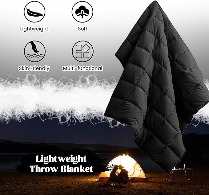 puredown® Soft Feather Down Throw Blanket Lightweight Packable Couch Throw for Indoor and Outdoor Use, Throw 50"X70", Black