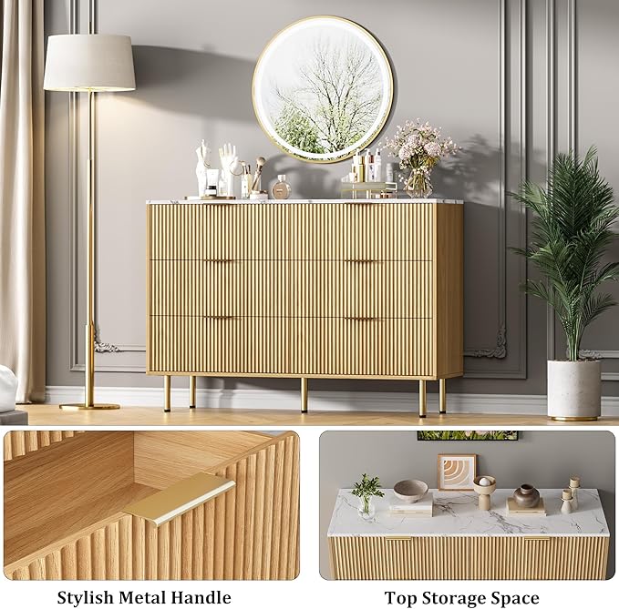 GAOMON 6 Drawer Dresser for Bedroom Chest of Drawers, 47" Wide Fluted Dresser with Drawers, Modern Wooden Double Dressers with Metal Handles for Living Room, Hallway
