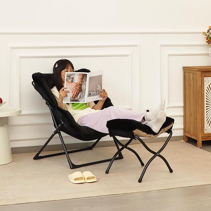 Comfy Saucer Chair for Adults, Soft Faux Fur Bedroom Chair with Ottoman, Accent Dorm Chairs, Living Room Reading Chairs and Footstool, Folding Seat for Teens, X-Large, Black