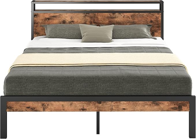 LIKIMIO Full Size Bed Frame, Platform Bed with 2-Tier Storage Headboard, Solid and Stable, Noise Free, No Box Spring Needed, Easy Assembly, Vintage Brown