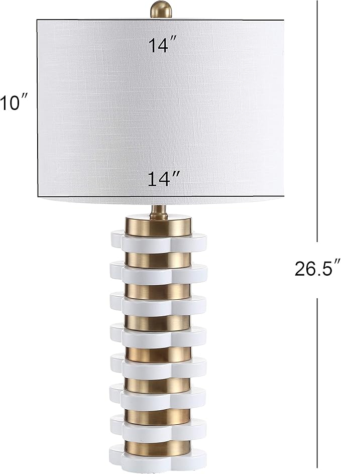 JONATHAN Y 26.5" Brass Gold Quatrefoil Striped Resin LED Table Lamp, Contemporary Glam Bedside Lamp for Living Room Bedroom, White Linen Drum Shade, LED Bulb Included JYL1010A