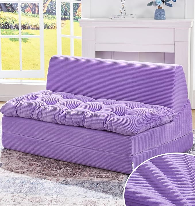 Hobestluk Sofa Couch Folding Sofa Bed Sleeper Comfy Floor Lounger Loveseat Sofa with Removable Cushion Couches Foldable Mattress for Living Room Bedroom or Office (Cordury Purple, Oversize)