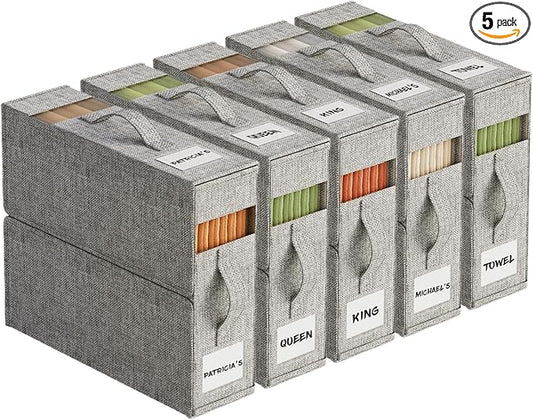 5Pack Sheet Organizers and Storage with Handles – Foldable Linen Closet Storage for King & Queen Sheet Sets – Clear Window & Removable Labels – Dustproof & Space-Saving Design, Grey