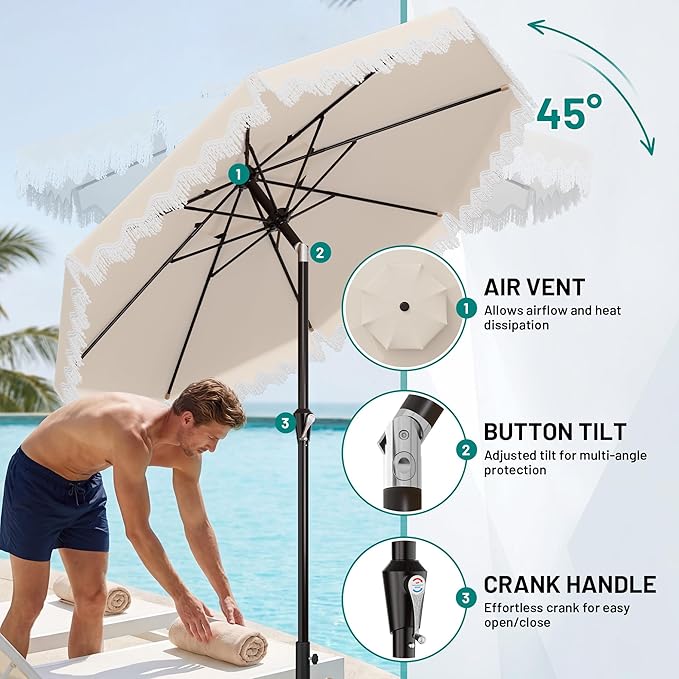 AreShark 9FT Patio Umbrella with Fringe, Wind-Resistant Fiberglass 8 Ribs Tassel Outdoor Umbrella with Crank and Push Button Tilt, Double Tier Vent Sun Shade for Pool, Deck, Backyard, Off-White