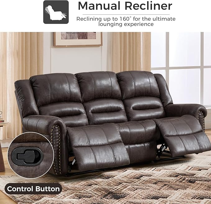 EBELLO Manual Recliner Sofa Set, Faux Leather Reclining Living Room Set, Included Loveseat Manual Recliner Sofa and 3 Seat Sofa, Vintage Rivet Mid-Century Design for Living Room, Dark Brown