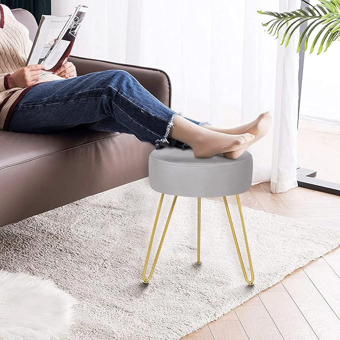 Velvet Soft Modern Vanity Stool -Round Footrest Stool Ottoman Side Table Seat Dressing with Golden Metal Leg and Sponge Filling,Upholstered Foot Rest, for Living Room and Bedroom (Gray)