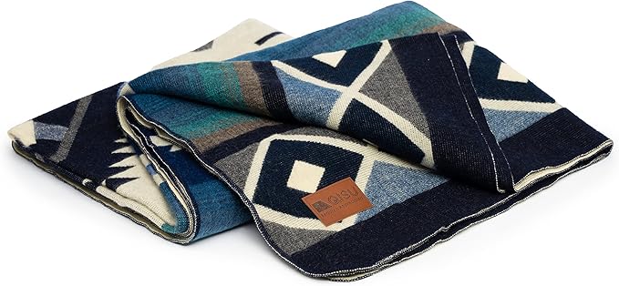 QISU Wool Blanket Throw | Large, Beautiful, Warm, Soft, Handmade in Ecuador by Local Artisans |94″ x 78″| Ultra-Soft, Hypoallergenic & Breathable | Non-Itchy or Scratchy Fabric (Blue Pyramid)