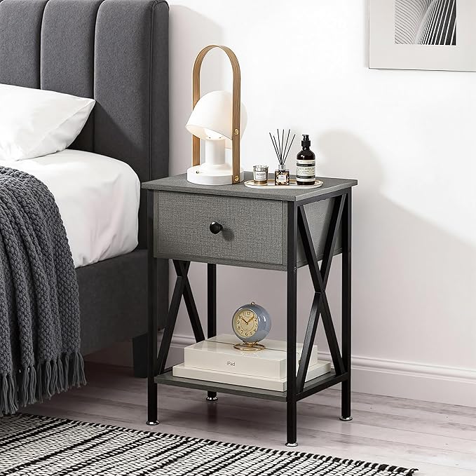 VECELO Night Stand Set of 2, End Tables with Drawer, 2-Tier Bedside Tables with X Shaped, Side Table Stand with Storage Shelf for Living Room/Bedroom,Dark Gray