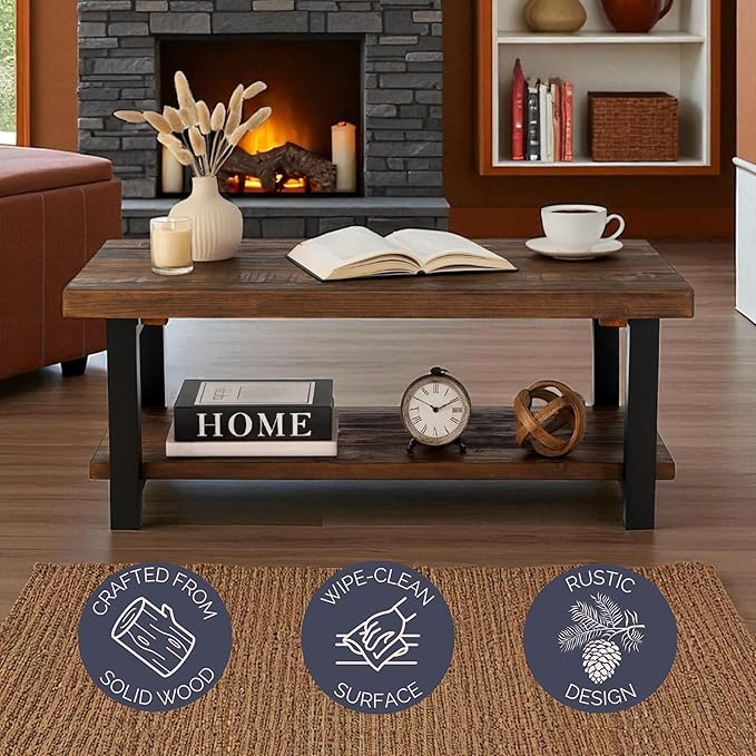 Alaterre Furniture Pomona Living Room Collection – 42 Inch Rectangular Solid Wood Coffee Table with Storage Shelf & Metal Legs – Rustic Industrial Farmhouse Living Room Table (Rustic Brown)