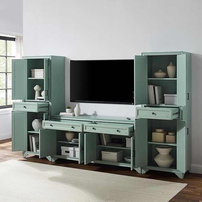 Crosley Furniture Tara 3-Piece Modern Farmhouse Sideboard Buffet Cabinet and Kitchen Storage Pantry Set, Distressed Seafoam Blue