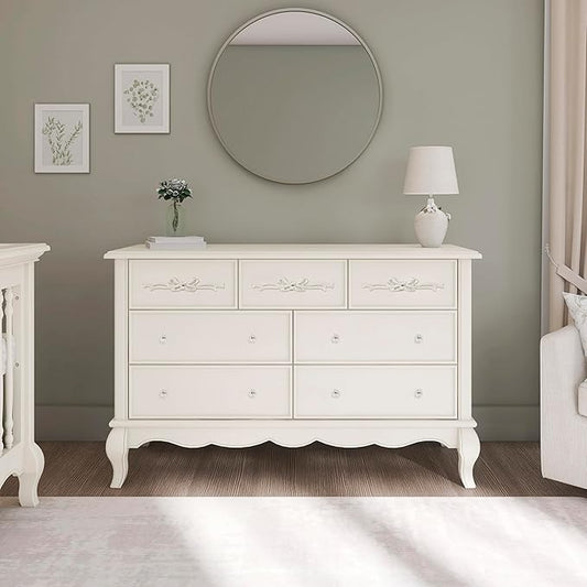 Evolur Aurora 7-Drawer Nursery Dresser – Ivory Lace | Assembled Double Dresser with Crystal Knobs, Queen Anne Legs, Large Storage for Baby Essentials