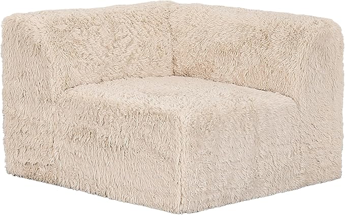 Furniture of America Havyn Modern Faux Fur 7-Seater L-Shaped Modular Foam Sectional Sofa with Ottoman, Compressed Couch in a Box, No Assembly Required, for Living Room and Office, Sand