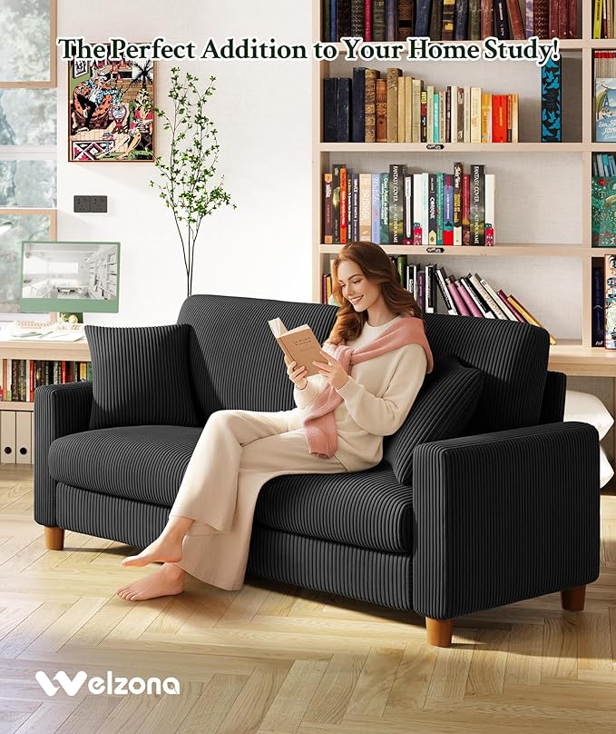 Welzona 70.2" Couches for Living Room, Comfy Black Couch 7.1" Extra Thick Cushion, Sofas for Living Room Tool-Free Setup, Loveseat Sofa 705lbs Support, Corduroy Couch for Bedroom, Apartment, Office