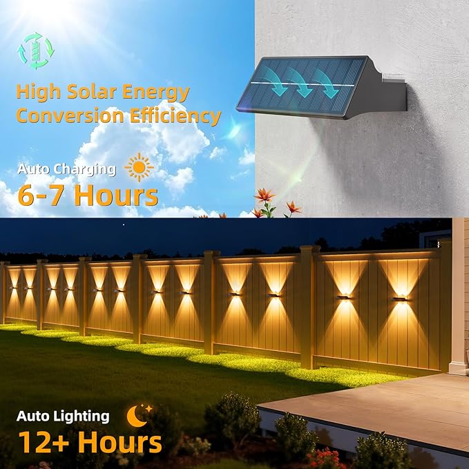 NIORSUN Solar Fence Lights Outdoor, 16 Pack Up and Down Waterproof Solar Wall Lights, Fence Lights with Lens, Warm & Cool White + RGB, Dusk to Dawn Lighting for Patio, Backyard, Pool, Railing (Black)