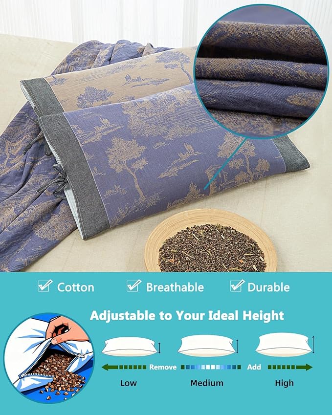 Adjustable Buckwheat Pillows for Sleeping,23.6"x13.7" Breathable Cool Neck Pillow for Bed with Buckwheat Hulls, Cervical Support Thin Pillow for Neck Pain with Dual-Layer Pillowcase,Blue