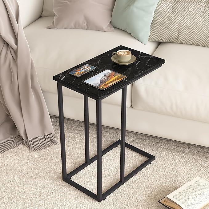 VECELO C Shaped End Side Table for Sofa Couch and Bed Snack TV Tray for Living Room Bedroom, 2 PCS, Black Marble