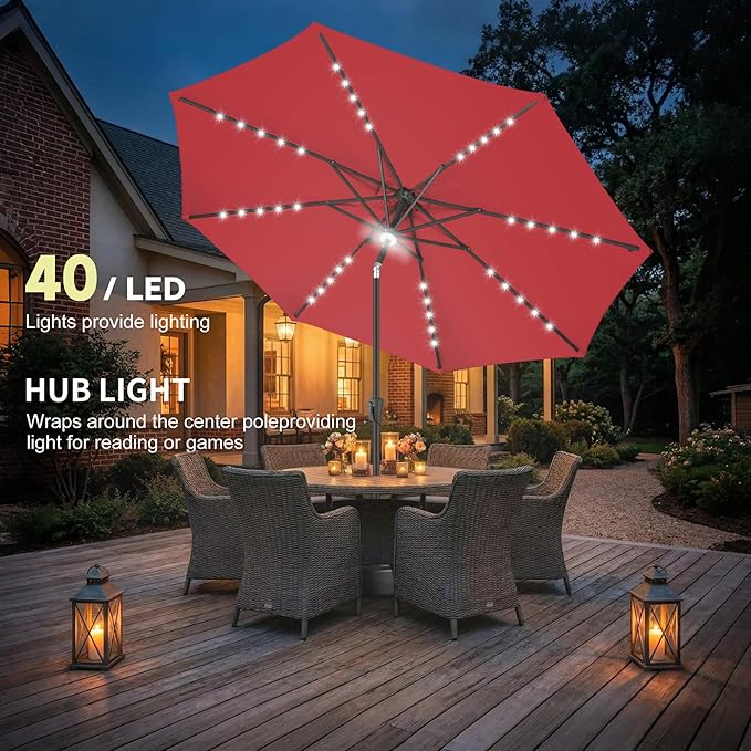 10ft Solar Umbrella Outdoor - Lighted Solar Patio Umbrella with 40 LED Lights Waterprool UV Protection, Table Umbrella with Tilt for Pool, Porch, Garden, Deck, Backyard (Red)