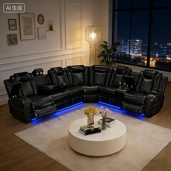 Power Reclining Sectional Sofa Set with LED, Living Room Furniture Sets, Leather Recliner Couch for Living Room/Home Theater, Sectional Couch and Chair with 4 Recliners, USB Port/Hide-Away Storage