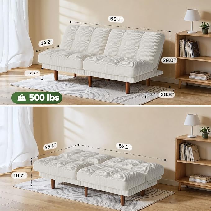 Marsail 65" Futon Sofa Bed, Convertible Small Recliner Sleeper Sofa Bed with Adjustable Backrest, Corduroy Loveseat Futon Couch for Small Apartments, Living Room Office, Guest Room (White)