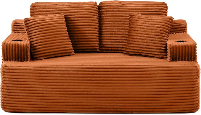 Floor Loveseat Boneless Sofa Couch in a Box with Cup Holder and Side Pockets, Corduroy Upholstered 2 Seater Cloud Foam Sofa with Deep Seating for Living Room, No Assembly | Breathable material, Cupholders