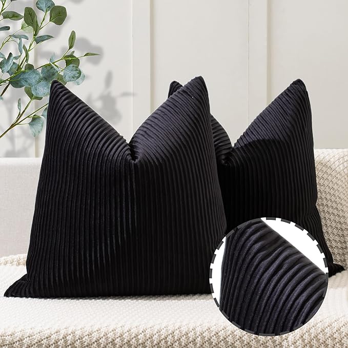 YCOLL Black Pillow Covers 22x22 Set of 2 Velvet Striped Pattern - Soft Throw Pillows for Home Decor, Luxury Decorative Pillow Covers for Couch, Bed,Living Room
