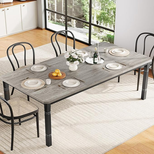 Garvee Large Dining Table for 6-8 People, 71" Wooden Kitchen Table with Sturdy Metal Frame, Dining Room Table for Dining Room, Kitchen, Black Leg & Grey