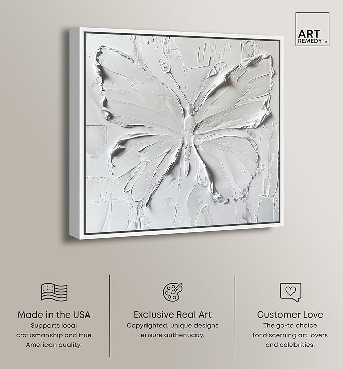 Art Remedy White Butterfly Canvas Elegant White Gold Wall Art, White Frame, 20" x 20"