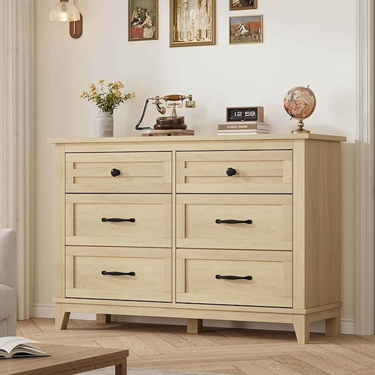GarveeHome 6 Dresser for Bedroom, 47 in Wide Drawer Dresser with Storage Freestanding, Wooden Closet Storage Chest for Living Room, Bedroom, Entryway, Natural Oak