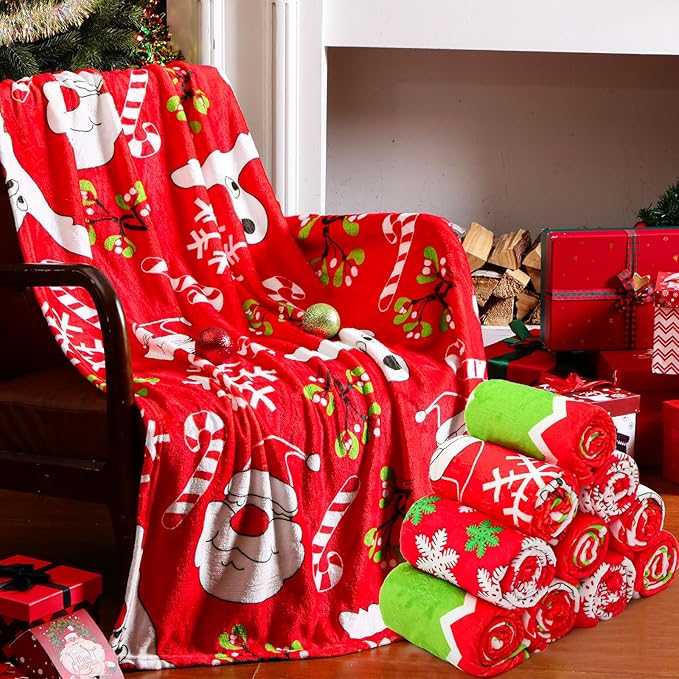 Buryeah 12 Pack 59" x 40" Christmas Fleece Blankets Bulk for Homeless Winter Warm Flannel Soft Cozy Throw Blankets Printed Snowflake Deer Snowman for Home Bedding Couch Chair Gift(Vivid Style)