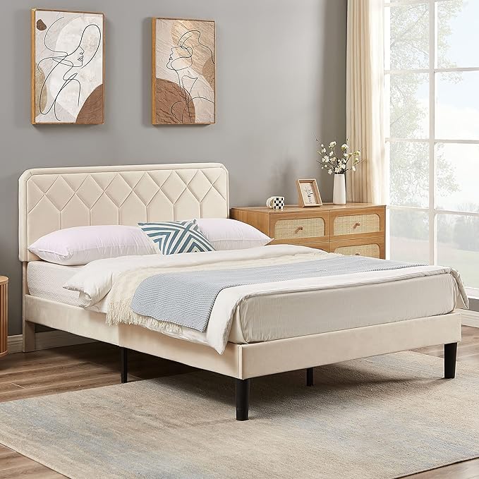 VECELO Queen Size Bed Frame Premium Velvet Upholstered Platform with Height Adjustable Headboard/Mattress Foundation, Solid Wooden Slat Support, No Box Spring Needed/Easy Assembly