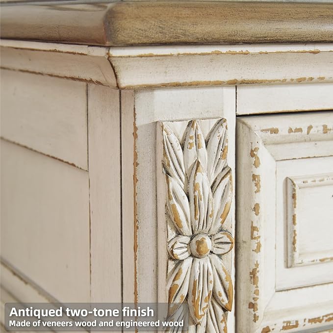 Signature Design by Ashley Realyn Vintage Smooth-Gliding 7-Drawer Dresser and Mirror with Safety Stop, White & Light Brown