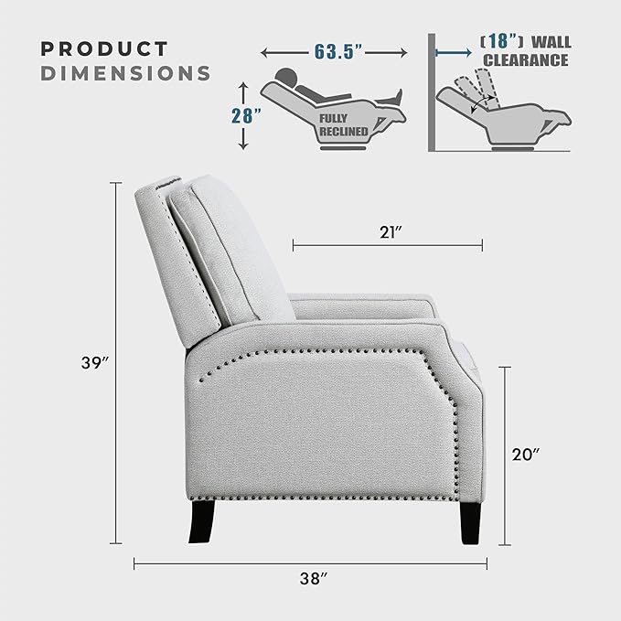 Lexicon Push Back Recliner Chair, Reclining Sofa Armchair, Modern Recliner Sofa Chair with Footrest, Chenille Fabric Recliner Arm Chair, Single Sofa Accent Chair for Living Room/Office/Apartment, Grey