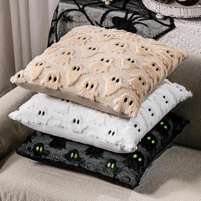 DFXSZ Halloween Pillow Covers 24x24 inch Set of 2 White Ghost Throw Pillow Cases Soft Plush Faux Fur Wool Couch Cushion Case for Chair Sofa Bedroom Living Room Home Decor PTK03A24
