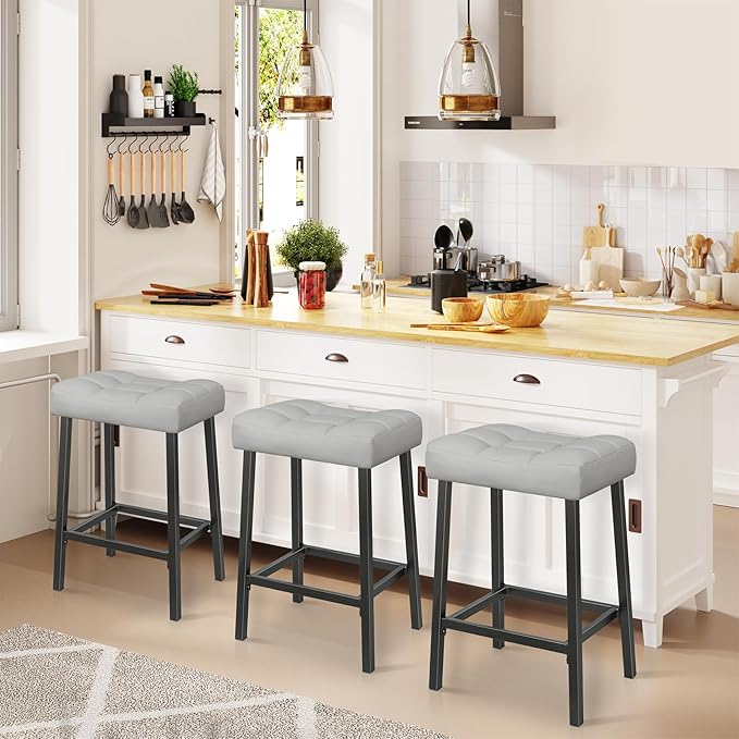 Bar Stools Set of 2, 24 Inch Backless Saddle Bar Stools, Double Needle Upholstered Padded Saddle Metal Stools for Kitchen Counter, Light Grey