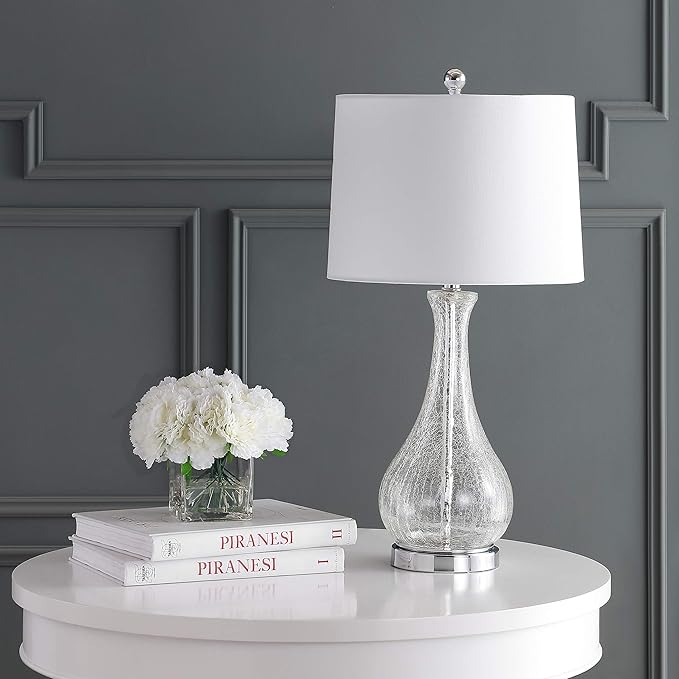 SAFAVIEH Lighting Collection – Finnley Modern Clear Glass 28-Inch Table Lamp, LED Bulb Included, Bedroom Living Room Home Office Nightstand Desk (TBL4206A)