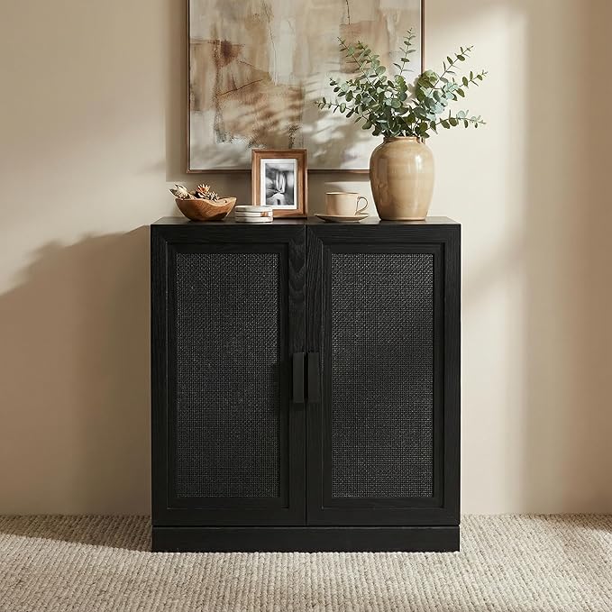 Casaphoria Adam Sideboard Buffet Cabinet with Storage, Sideboard Cabinet with Rattan Doors & Adjustable Shelves, 31" W x 36" H Coffee Bar for Entryway Kitchen Living Room, Black