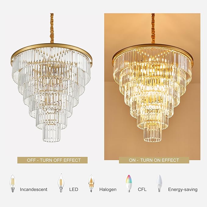 21-Light Gold Crystal Chandelier 29.92" Modern Crystal Pendant Ceiling Light Fixture 7-Tier Luxury K9 Crystal Chandeliers,for Living Room Hotel Lobby Restaurant Foyer High Ceiling