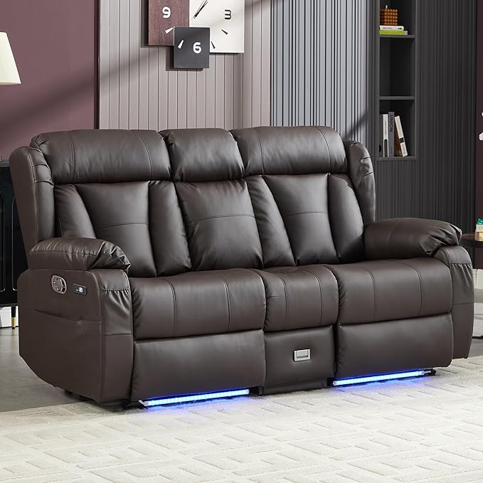 72.8" Loveseat Recliner Sofa, Manual Reclining Couch with Console, AC Outlet & USB-A/USB-C Ports, Wall Hugger RV Sofa for Living Room & Home Theater with Cup Holders (Brown Console with LED)