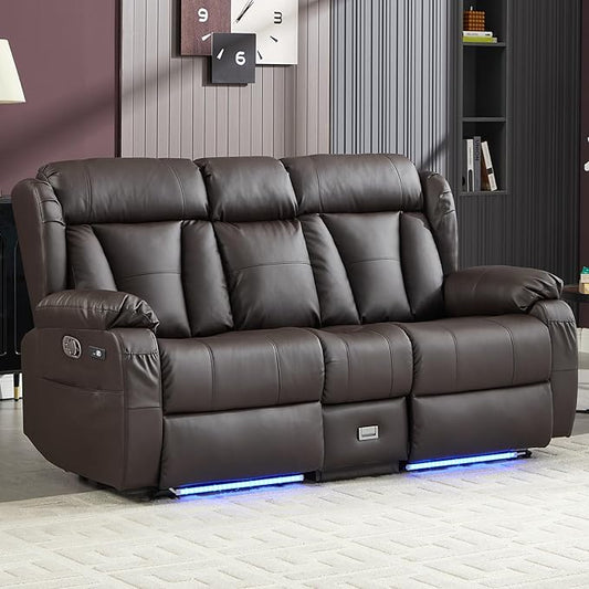 72.8" Loveseat Recliner Sofa, Manual Reclining Couch with Console, AC Outlet & USB-A/USB-C Ports, Wall Hugger RV Sofa for Living Room & Home Theater with Cup Holders (Brown Console with LED)