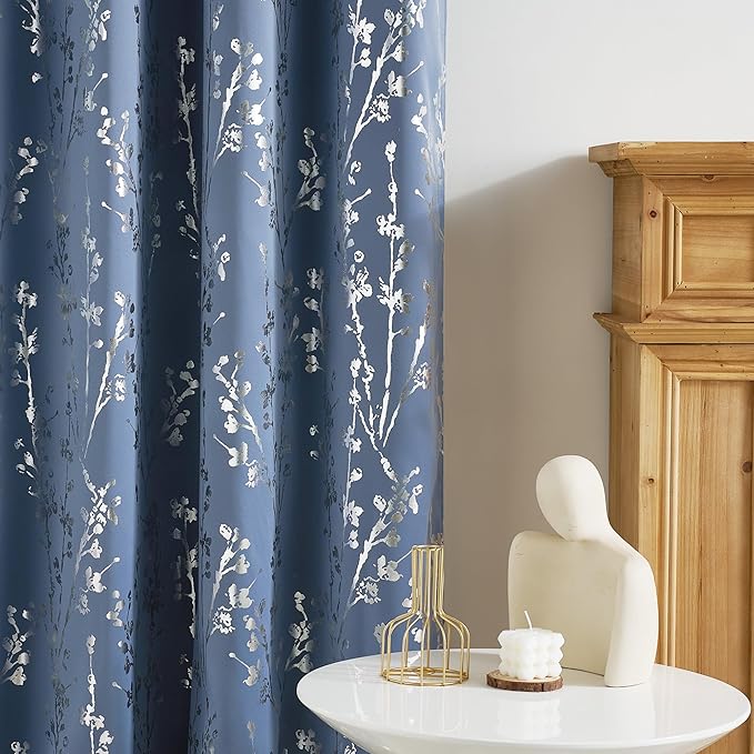 NICETOWN Stone Blue 100% Blackout Curtains 63 inch Length, Grommet Tree Pattern Foil Printed Window Treatments Floral Thermal Curtains for Bedroom, W52 x L63, 2 Panels