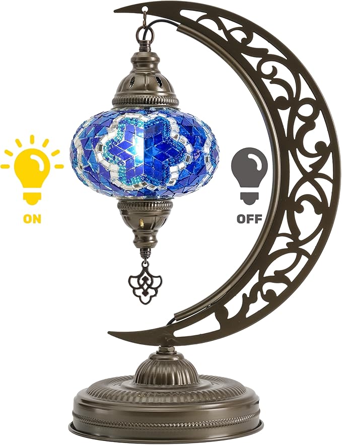 Mozaist Moroccan Mosaic Crescent Shape Table Lamp, Turkish Moon Tiffany Style Handmade Desk Dim Light, Farmhouse Living Room Luna Lighting, Unique Turkish Gift with E12 Socket & US Plug (Sea Blue)