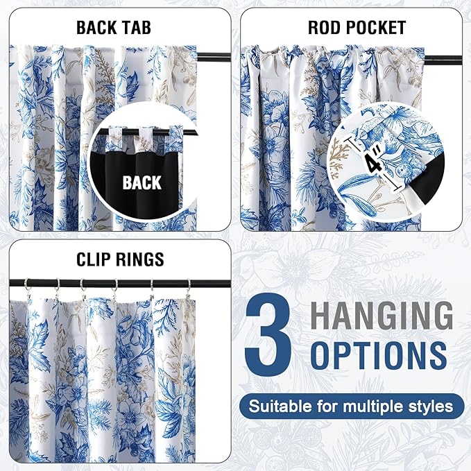 H.VERSAILTEX 100% Blackout Curtains for Bedroom Thermal Insulated Curtains for Living Room Back Tab/Rod Pocket Vintage Floral Curtains with Black Liner, 2 Panels, 52 x 84 Inches, Blue and Wheat
