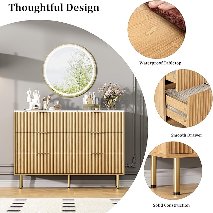 GAOMON 6 Drawer Dresser for Bedroom Chest of Drawers, 47" Wide Fluted Dresser with Drawers, Modern Wooden Double Dressers with Metal Handles for Living Room, Hallway